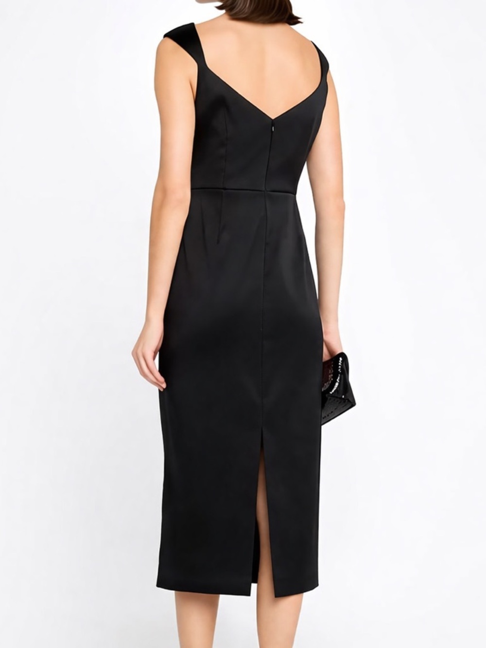 🆕✨ Aidan Mattox Adrianna Papell Black Satin Sheath Dress Midi Size 16 Classic - Picture 3 of 17